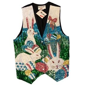 Vintage 90s Fashion Fantasy Sequined Novelty Vest Easter Bunny Bling Size Small